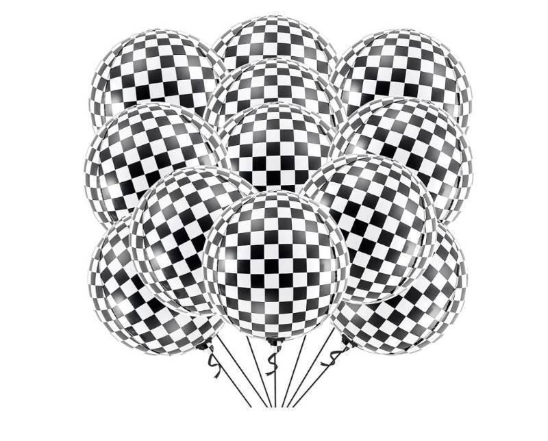 lot 63014 image: Black and White Checkered Balloons - 22 Inch, Pack of 12  Race Car Balloons for Race Car Birthday Party Decorations  Racing Party Decoration  Checkered Party Decorations - Retail $8
