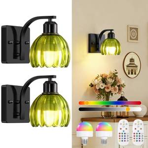lot 46765 image: Battery Operated Wall Sconce Set of Two, Black Bedside Wall Mounted Lamps with Green Tulip Glass Shade, Vintage Dimmable Bathroom Sconces Wall Lighting for Mirror Bedroom Living Room - Retail $38