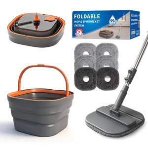lot 46774 image: Collapsible Mop and Bucket Set, Spin Mop with Separate Dirty and Clean Water, 6 Replaceable Mopping Pads with Foldable Handle, Deep Cleaning Mops and Buckets for Household Use Floor Cleaning - Retail $33