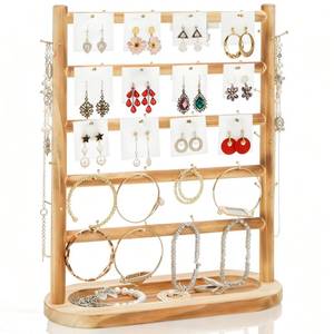 lot 46775 image: Earring Display Stands for Selling, 5 Tier Wooden Jewelry Display Rack with 56 Hooks for Vendors, Two-Sided Desktop Jewelry Towers Earring Cards Organizer for Bracelets, Rings - Retail $10