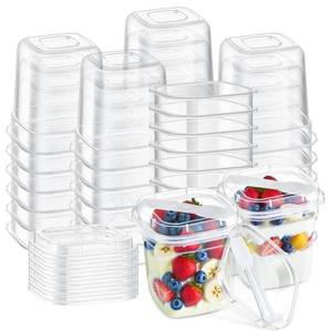 lot 46786 image: 50 Pack 9.5oz Clear Plastic Yogurt Parfait Cups Disposable Overnight Oats Containers with Lids and Spoons Cake Fruit Jars for Food Storage Salad Ice Creams Pudding Snacks (Square Style) - Retail $26