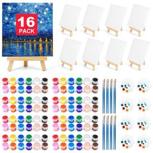 lot 46790 image: 16 Pack 8  10In Canvas Boards for Painting, Art Canvas for Drawing with 32 Brushes & 16 Paint Trays & 32 Acrylic Paint, Mini Painting Canvas with Easel Set, Painting Kits for Adults Party - Retail $49