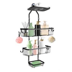 lot 46808 image: Bathroom Shower Caddy Hanging, Rustproof Waterproof Shower Organizer Shelf, No Drilling Storage Rack with 6 Hooks for Towels Sponge Shampoo Soap, Black - Retail $18