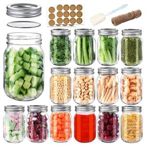lot 46813 image: Mason Jars 16 oz with Airtight Lids and Bands, 15 Pack Regular Mouth Canning Jars, Clear Glass Pint Jars for Canning, Pickling, Food Storage, DIY Projects, 24 Labels, Brush & String Included - Retail $26