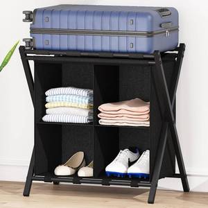 lot 46814 image: Luggage Rack with storage, Guest Room Folding Suitcase Stands, Holds up to 120 lb, Space Saving Suitcase Holders for guest room, Bedroom Hotel, Black - Retail $29