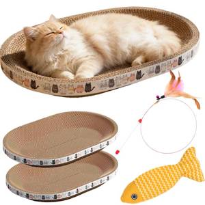 lot 46824 image: Cat Scratcher Bed with Toys, 2 Pack Oval Cat Scratcher Cardboard, Indoor Cat Scratch Bowl, Large Pad Cat Scratching Board with Catnip Fish Toy & Feather Wand for Furniture Protector - Retail $25