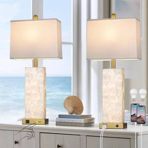 lot 46834 image: 28 Coastal Table Lamps for Living Room Set of 2, Bedside Lamps with Night Light, USB AC Ports, Modern Sea Shell Bedside Night Stands Light for Beachy Cottage Decor (Gold) - Retail $100