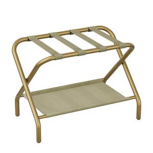 lot 46843 image: Smart FENDEE Luggage Rack for Guest Room, Folding Suitcase Stand with Shoe Shelf, Easy Assembly, Portable, Hold up to 110 lb, Gold, 1 Pack - Retail $30