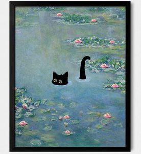 lot 1446 image: $60 Hamduker Funny Black Cat Wall Art, Monet Water Lily Cat Decor, 16x20