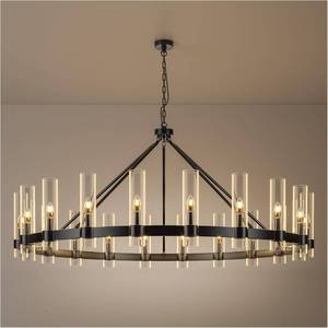 lot 108 image: $585 20-Lights Black Wagon Wheel Chandelier Modern Farmhouse with Glass Shade, 60 Inch Large Round Industrial High Ceilings Pendant Lighting Fixture for Dining Living Room, Kitchen Island, Foyer