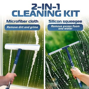 lot 3514 image: Window Cleaning Kit 62in with Extension Pole, Silicone Scraper and 2X Microfiber Scrubber Sleeves
