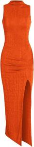 lot 4418 image: Women Sexy Semi Sheer Sleeveless Mock Turtleneck Jersey Ruched Thigh Slit Bodycon Maxi Dress for Party Club Orange, Small