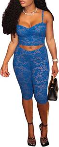 lot 4419 image: Uni Clau Womens Sexy Lace 2 Piece Set Sleeveless Tank Top and Capri Pants Mesh Bodycon Two Piece Outfits Club Matching Set Blue Medium