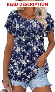 lot 4420 image: ONLYSHE Womens Summer Tunic Tops Ruffle Sleeve Pullf Short Sleeve Shirts White and Dark Blue Pattern Small