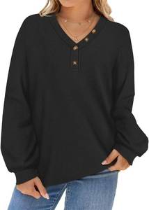 lot 4421 image: CARCOS Plus Size Tops for Women Button Up Long Sleeve V-Neck Fall Tunics Lightweight Waffle Shirts Black 3XL
