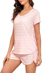 lot 4426 image: FKEEP Stripe Pajamas Set Women Two-Piece Nightwear Short Sleeve Sleepwear Soft Side Split Loungewear Pjs Sets. Pink and White 2XL