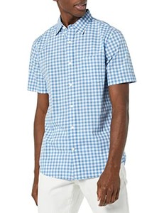 lot 4433 image: Amazon Essentials Mens Slim-Fit Short-Sleeve Poplin Shirt, Light Blue White Gingham, Blue and White X-Large