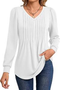 lot 4439 image: Riyiper Womens Tunic Top, Pleated V Neck Shirt Puff Smocked Long Sleeve Tee Fall Dressy Casual Loose Blouse Trendy White,Medium