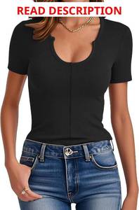 lot 4449 image: Prettywear Womens Short Sleeve T-Shirts Scoop Neck Ribbed Slim Fitted Top Summer Casual Basic Tee Apricot Small