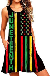 lot 4452 image: Roshop Womens Juneteenth Flag Sleeveless Dress 4th of July Patriotic Swing Sundress with Pockets. Multi Color Large