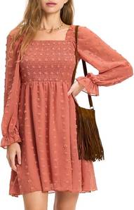lot 4456 image: EXLURA Womens Fall Long Sleeve Party Swiss Dot Dress Smocked Ruffle Cocktail Mini Dresses Terracotta XL