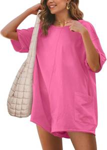lot 4458 image: Glamaker Womens Summer Oversized Tee Romper Casual Workout Athletic Romper Onesie Backless Loose Shorts Jumpsuit Overalls Hot Pink XS