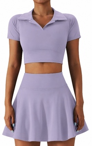 lot 4462 image: 2 Piece Tennis Dress for Women High Waist Pleated Tennis Skirt with Shorts Short Sleeve Crop Golf Workout Skirts Sets Purple XL