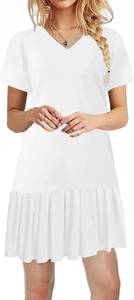 lot 4466 image: Alaster Queen Womens 2025 Summer T Shirt Pleated Dress Short Sleeve Casual Swing Tunic Dress with Pockets White XXL