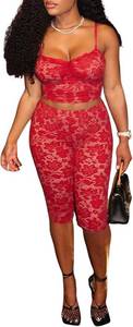 lot 4471 image: Uni Clau Womens Sexy Lace 2 Piece Set Sleeveless Tank Top and Capri Pants Mesh Bodycon Two Piece Outfits Club Matching Set Red Small