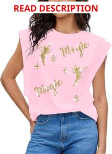lot 4476 image: Magic Kingdom Tank Tops Women Sequin Magical Castle Shirt Fairy Graphic Tees Summer Vacation Sleeveless Top Size Black and Gold Medium