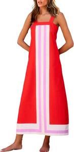 lot 4479 image: Fiona Jolin Womens Summer Maxi Dress Boho Striped Shoulder Strap Long Sundress Beach Cover Up Dress Large