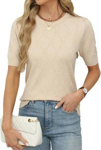 lot 4480 image: VIMPUNEC Womens Summer Crochet Sweater Puff Short Sleeve Pullover Tops Trendy Casual Knit Shirts Blouses Apricot Small