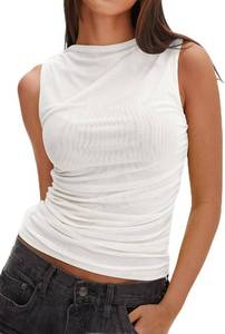 lot 4491 image: ZESICA Womens Mesh Tank Top Summer Sleeveless High Neck Ruched Slim Fitted Casual Tee Shirts White Medium