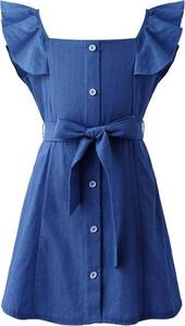 lot 4501 image: Girls Denim Dress Ruffle Shoulder Straps Sleeveless Square Neck Button Front Casual Dress with Belt 5T