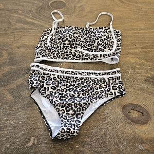 lot 4502 image: High Waisted Bikini Sets for Women Color Block Sporty Two Piece Swimsuits Straps Modest Bathing Suits. Khaki Black Print Large