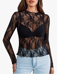 lot 4507 image: IWOLLENCE Womens Petite Long Sleeve Mock Neck Lace Tops Sexy Floral Western See Through Blouse Sheer Mesh Shirts Party Clubwear Black Sunflower, Black XS