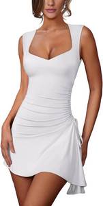 lot 4514 image: Pasgreson Womens Square Neck Bodice Side Straps Dress Sleeveless Tank Top Mini Bodycon Dresses. White Medium