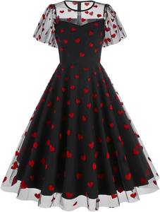 lot 4517 image: Women Floral Embroidery Dress Sheer Mesh Ruffle Sleeve Illusion Vintage Cocktail Swing Dress Tulle Dinner Dress. Black with Red hearts Large