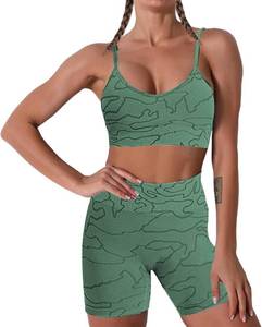 lot 4521 image: Women Seamless Yoga Set 2 Piece Workout Sport Bra with High Waist Shorts Legging Outfit Tracksuit.JNINTH Wave Dark Green Large