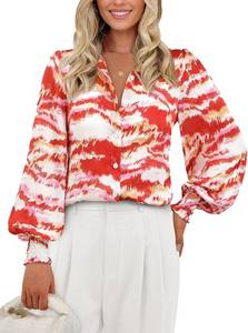 lot 4523 image: PRETTYGARDEN Womens Button Down Shirt V Neck Printed Long Sleeve Blouses Dressy Casual Fall Boho Tops Medium
