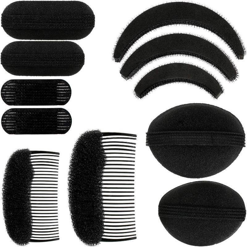 lot 138 image: 11 Pieces Hair Bump Sponge Volume Hair Bases Set Bump It Accessory for Volume Insert Styling Tools up Combs Clips Sponge Bun Updo Accessories for Women DIY Hairstyles(Black) - Retail $10
