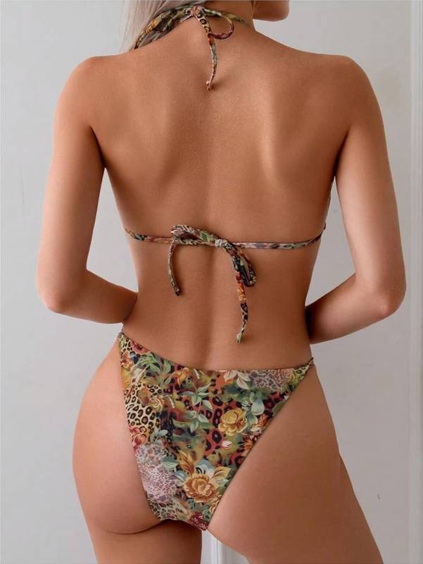 lot 63575 image: Womens 2 Piece Leopard Floral Bikini Sets Ring Triangle Halter Bathing Suit Tie Back Swimsuit, S, Multicolor - Retail $32
