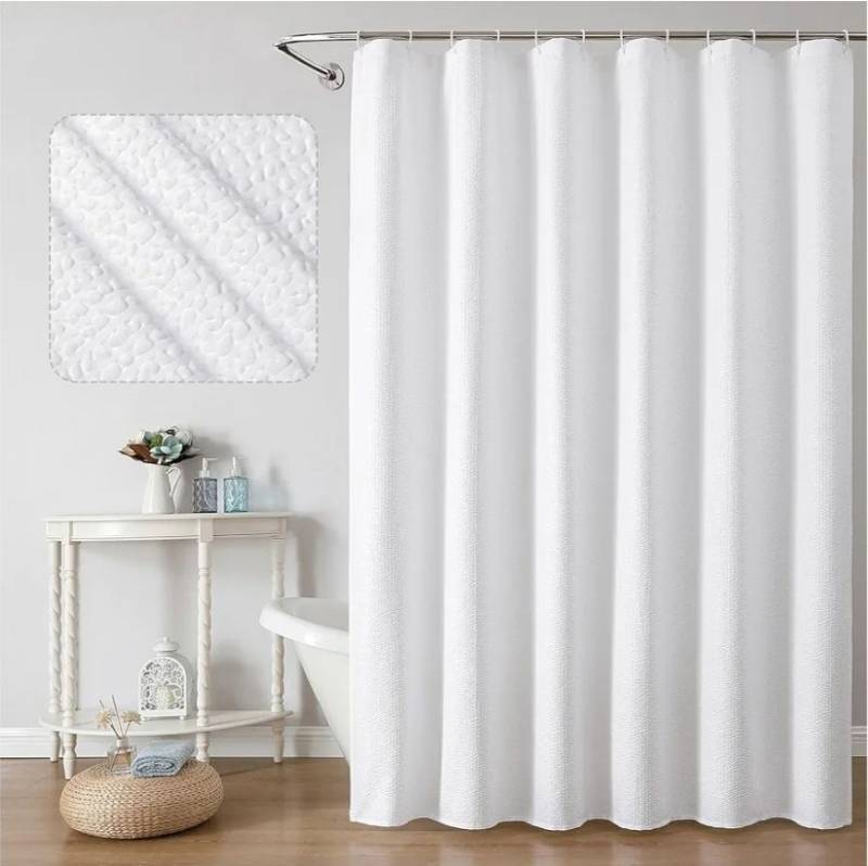 lot 63590 image: White Shower Curtain for Bathroom 78 Inches Long, 3D Embossed Textured Fabric Farmhouse Shower Curtain Soft Cloth, Water Repellent, Machine Washable, Hotel Style, 72 W x 78 L, White - Retail $13