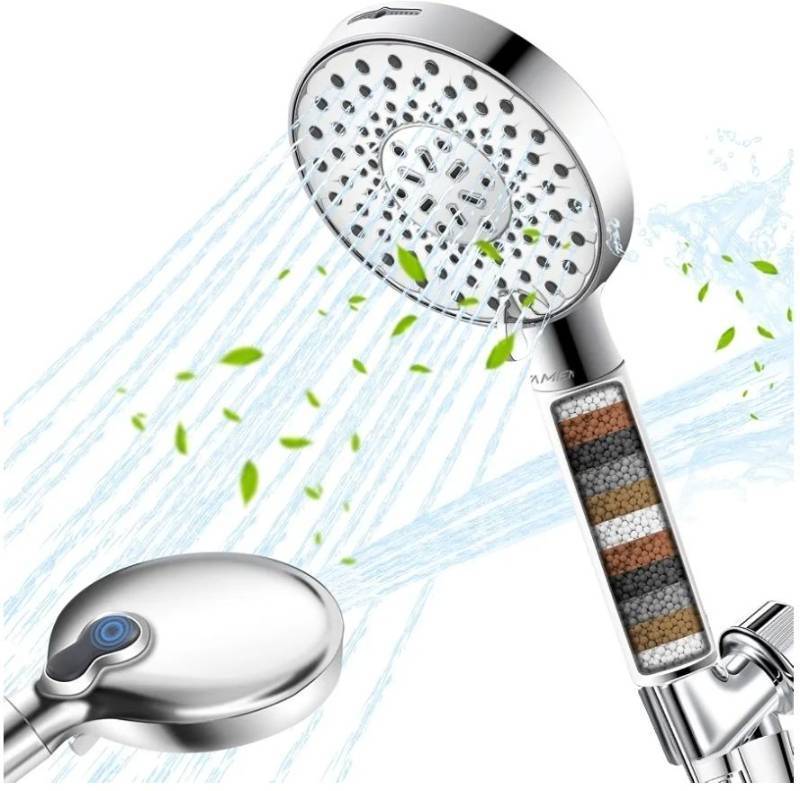 lot 63655 image: Filtered Shower Head with Handheld, High Pressure 9-Spray Modes Detachable Shower Head with Filter for Hard Water-Remove Chlorine & Impurities, Improve Skin & Hair Health, 2 Filters, Chrome - Retail $20
