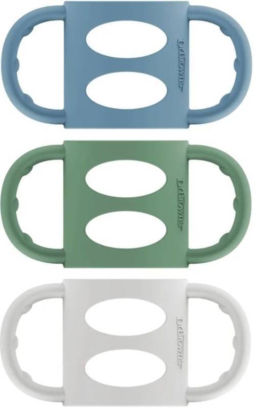 lot 63675 image: Dr. Browns Narrow Baby Bottle Handles, 100% Silicone, Easy Grip Removable Handles for Bottle to Sippy Cup Transition, BlueGrayGreen, 3-Pack, 4m - Retail $8