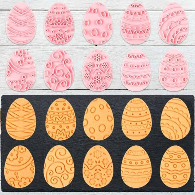 lot 63693 image: 10 Mini Cookie Cutters, 3d Raised Cute Design Cookie Stamps, Mini Funny Easter Egg Molds, Easters Ornament Cookie Cutter Set (Easter Egg) - Retail $7