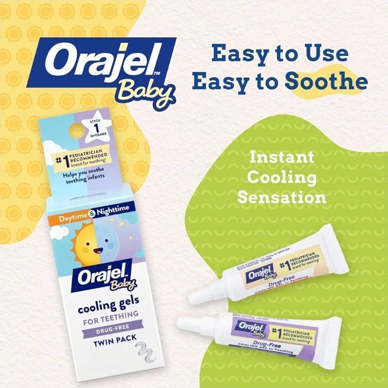 lot 63730 image: Orajel Baby Daytime & Nighttime Cooling Gels for Teething, Drug - Free, #1 Pediatrician Recommended Brand for Teething, Two 0.18oz Tubes - Retail $8