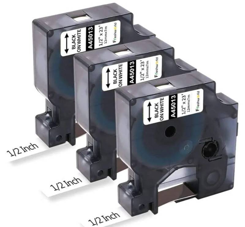 lot 63753 image: 3-Pack Label Maker Tape Compatible with DYMO D1 Label Tape 45013 S0720530 Replace for D1 A45013 Refills, Black on White, 12 In x 23Ft, for Dymo LabelManager 160 420P 210D 280 360D PnP 220P 260P 500TS, black on white - Retail $13