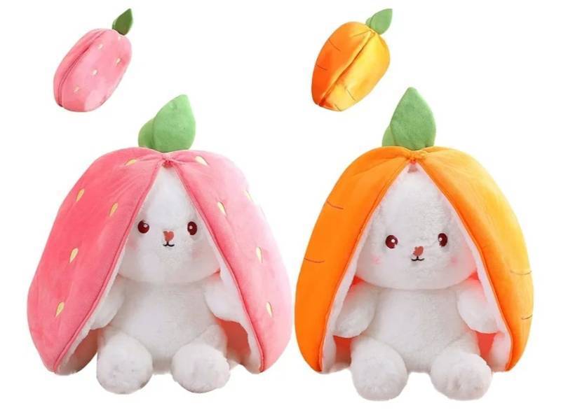 lot 63785 image: 2PCS Plush Toy Pillow, Reversible Carrot Strawberry Bunny Plush with Zipper, Easter Bunny Stuffed Animal Cute Rabbit Plushie Birthday Gift for Boys Girls Kids (2pcs 7 Strawberry&Carrot) - Retail $22