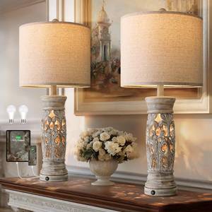 lot 58642 image: 27.25 Rustic Farmhouse Table Lamps Set of 2 �� Vintage Bedside Lamps with Night Light & USB AC Ports, Retro Lamps for Bedroom, Living Room, Entryway, Cozy Corner (Bulbs Included) - Retail $90